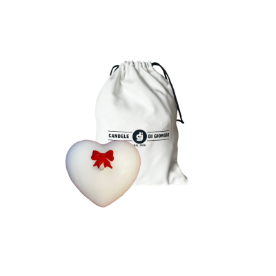 Candela a forma di Cuore Graffiato - Bianco- con fiocco Rosso  - 10x5 cm 