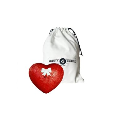 Candela a forma di Cuore Graffiato - Rosso - con fiocco Bianco - 10x5 cm