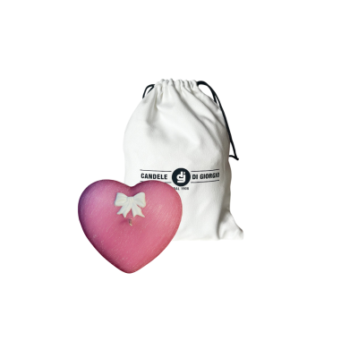 Candela a forma di Cuore Graffiato - Rosa- con fiocco Bianco- 10x5 cm