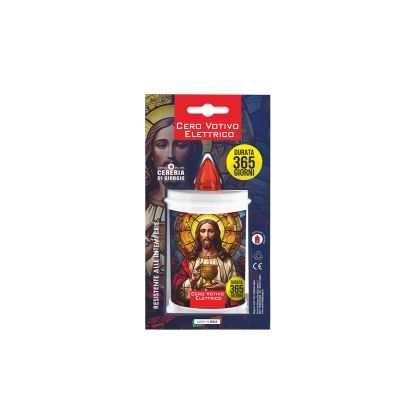 Cero Votivo Elettrico - Lunga Durata 1 Anno - Batterie Incluse - Dedicato al Sacro Cuore - Bianco - Altezza 12 cm