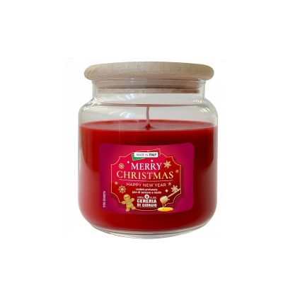 Candela in giara diam. 10 cm h. 11 cm profumata al miele e pan di zenzero con coperchio di legno - Merry Christmas