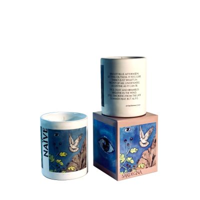 Candela Vegetale Vegana profumata in bicchiere in vaso di porcellana con decorazione artistica - Collezione Naive - Sardegna- 44 ORE