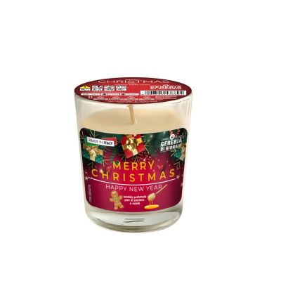 Candela in bicchiere diam. 7 cm h. 7,5 cm profumata al miele e pan di zenzero - Merry Christmas