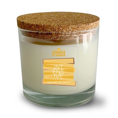 Candela Vegetale Vegana in bicchiere con coperchio in sughero Odor Block - Intensive- 50 ORE